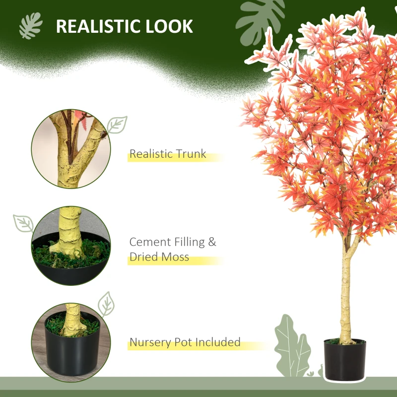 HOMCOM Artificial Realistic Red Maple Tree Faux Decorative Plant in Nursery Pot for Indoor Decor, 135cm