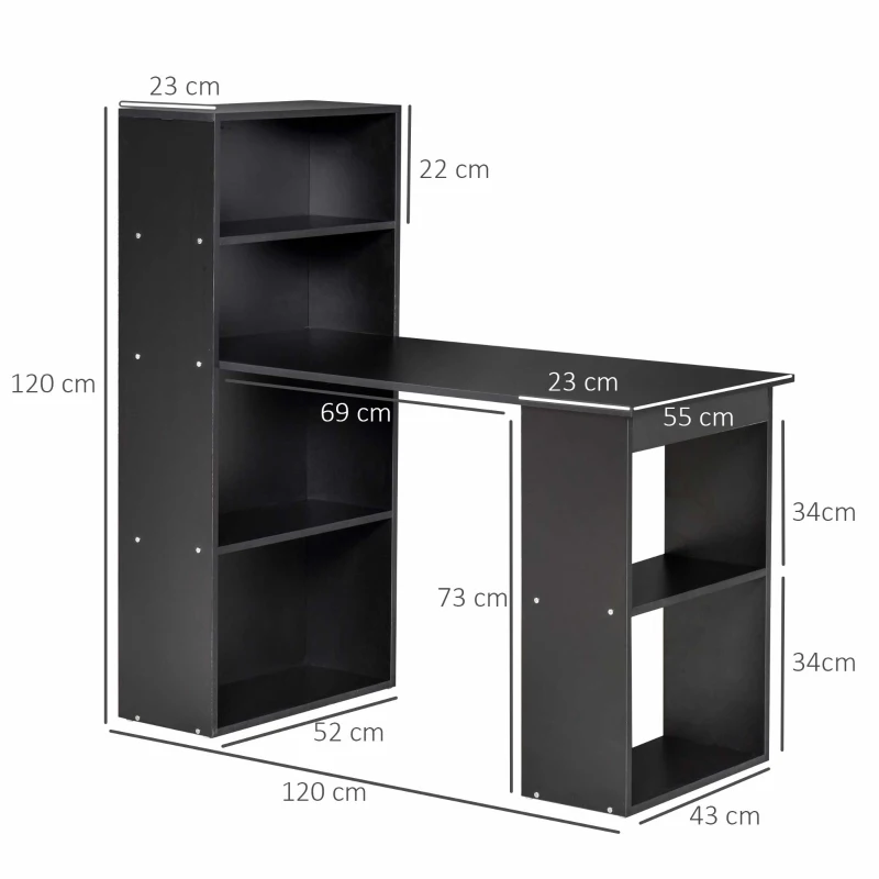 HOMCOM 120cm Modern Computer Desk Bookshelf Writing Table Workstation 6 Shelves - Black(m-3)