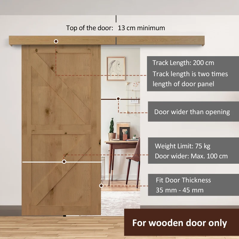 HOMCOM 6.5FT MDF Sliding Barn Door Track Kit Wood Tone