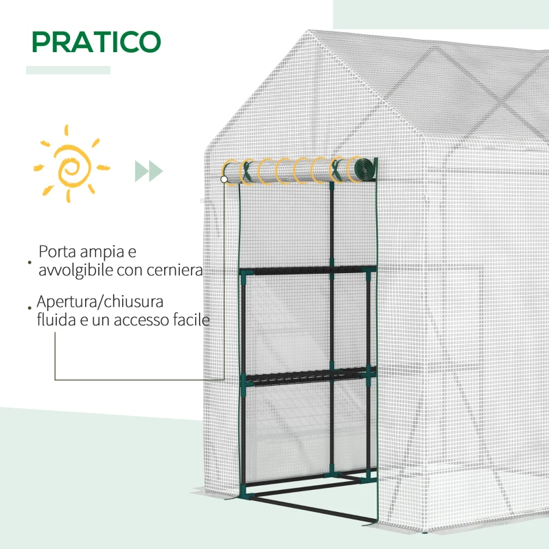 Outsunny Serra da Giardino per Esterni in Acciaio e PE con 2 Scaffali e Porta Avvolgibile, 143x143x195 cm, Bianco