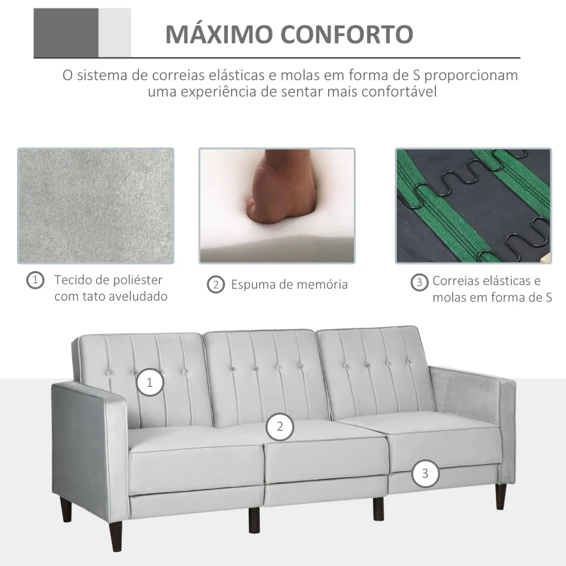 HOMCOM Sofá Cama com Chaise Longue 3 Lugares Tato Aveludado com Encosto Ajustável e Apoio para os Pés 218x85x86cm Cinza