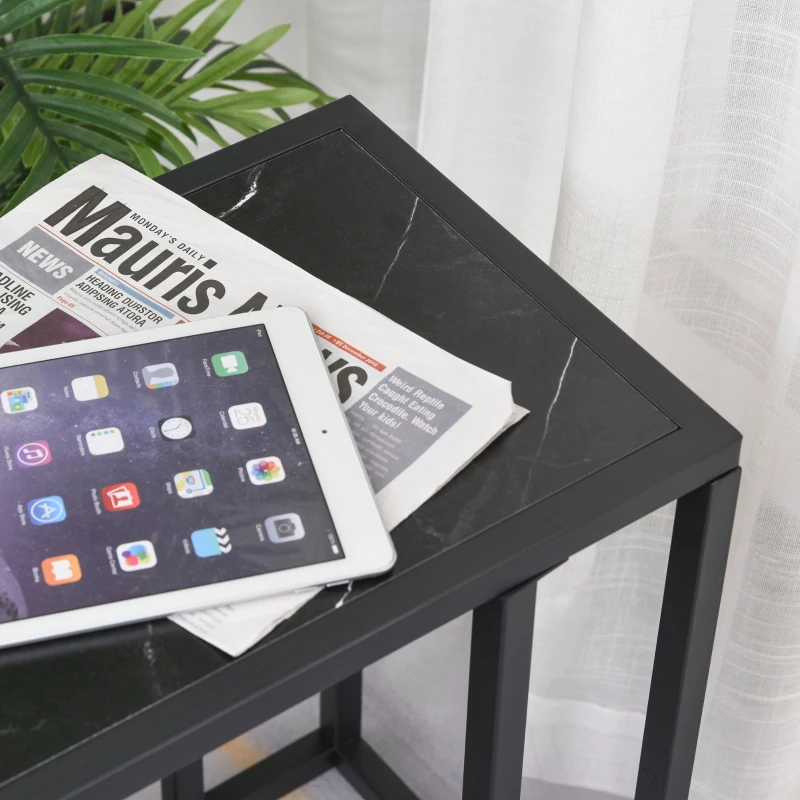 HOMCOM C Shape Bedside Table w/Metal Frame Marble-Effect Top Sofa Narrow Snack End Table for Living Room, Black