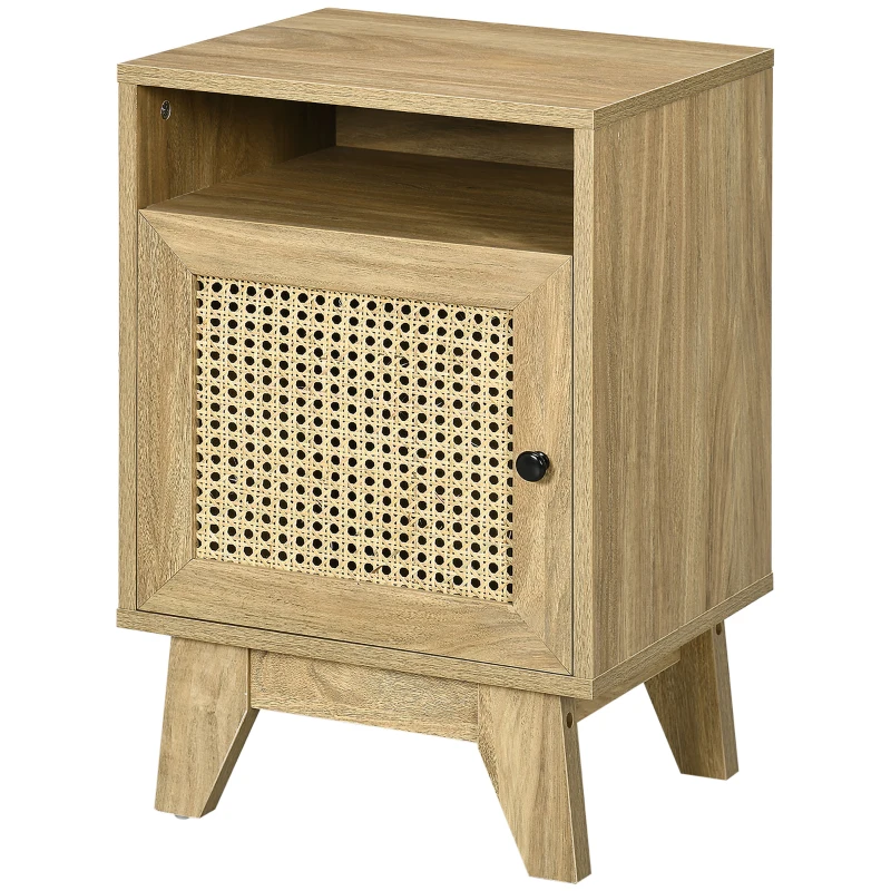 HOMCOM Bedside Table with Rattan Element, Side End Table with Shelf and Cupboard, 39cmx35cmx60cm, Natural