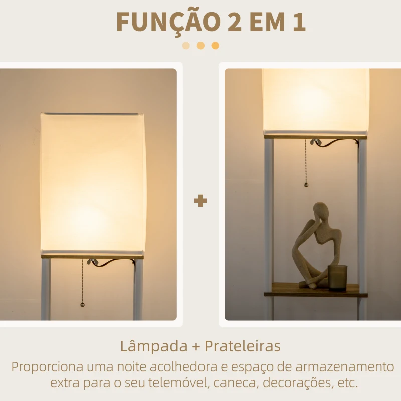 HOMCOM Candeeiro de Pé Moderno com Prateleiras com Ecrã de Tecido e Interruptor de Pé 26x26x159cm Branco e Madeira