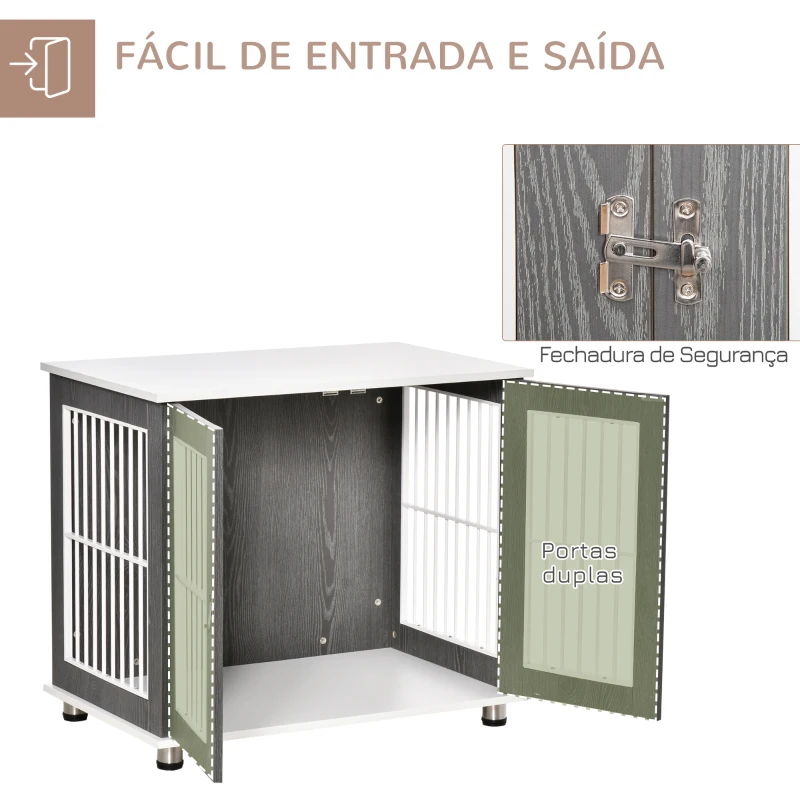 PawHut Gaiola para Cães de Madeira Mesa Auxiliar com Bancada de Armazenamento 2 Portas com Fechadura 85x55x75cm Cinza