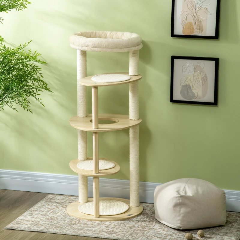 PawHut Árvore Arranhador para Gatos de Madeira com Múltiplas Plataformas Cama e Almofada Ø54x123,5 cm Carvalho