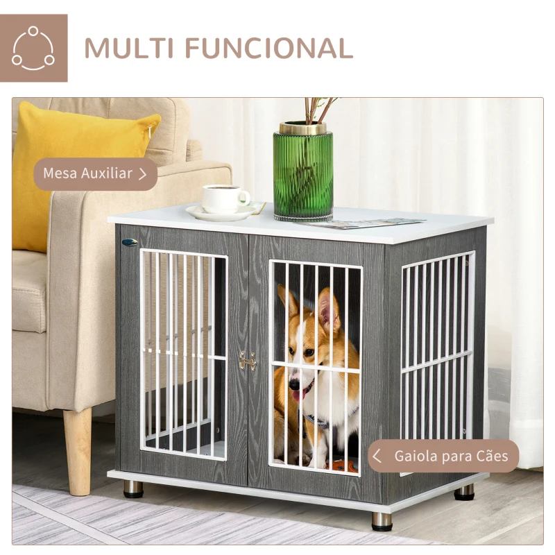 PawHut Gaiola para Cães de Madeira Mesa Auxiliar com Bancada de Armazenamento 2 Portas com Fechadura 85x55x75cm Cinza