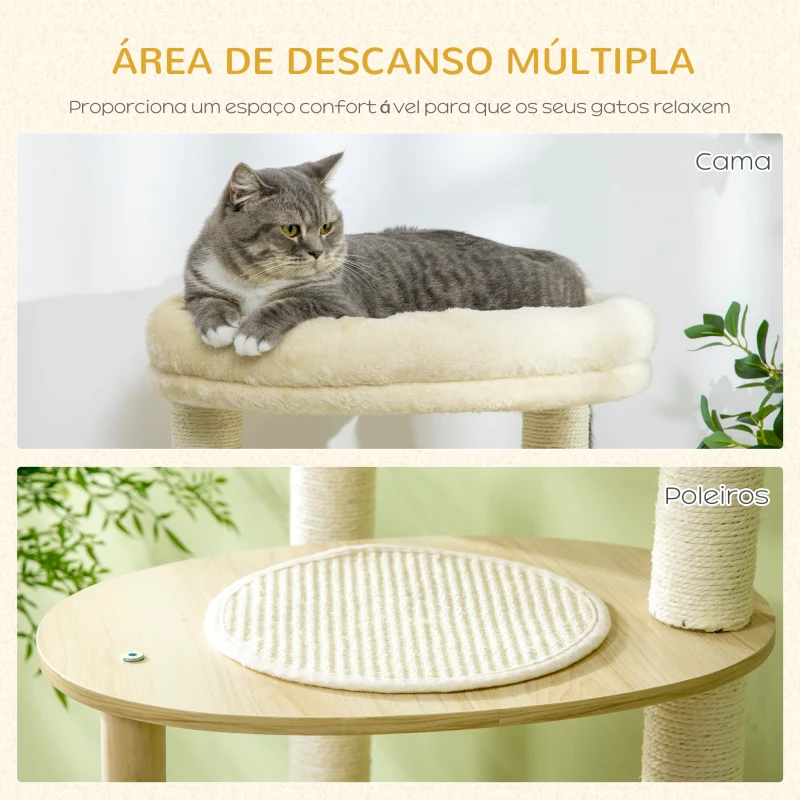 PawHut Árvore Arranhador para Gatos de Madeira com Múltiplas Plataformas Cama e Almofada Ø54x123,5 cm Carvalho