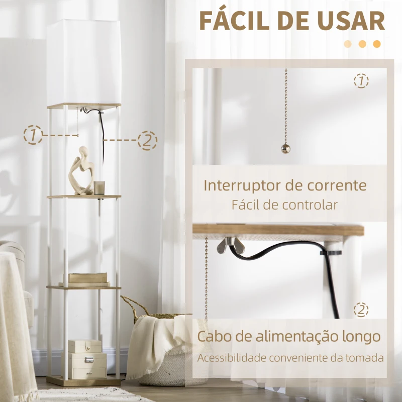 HOMCOM Candeeiro de Pé Moderno com Prateleiras com Ecrã de Tecido e Interruptor de Pé 26x26x159cm Branco e Madeira