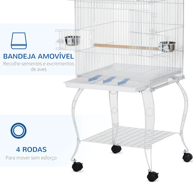 PawHut Gaiola para Pássaros com Rodas Bandeja Amovível Portas Comedouro Poleiro e Prateleira Inferior 50x49x137cm Branco
