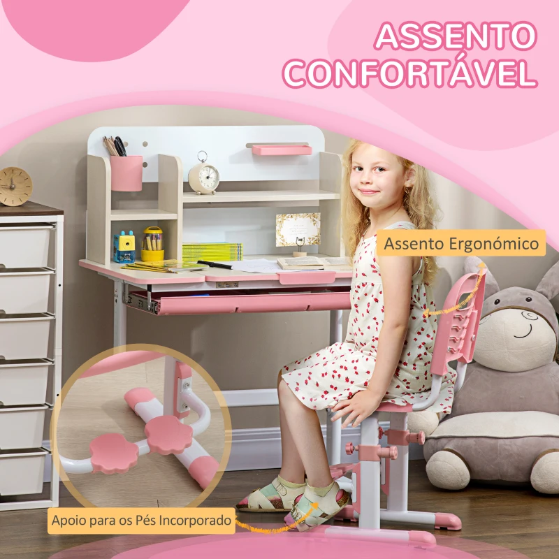 HOMCOM Conjunto de Secretária e Cadeira para Crianças com Altura Ajustável e Bancada Inclinável 80x52x88x109cm e 35,5x44,5x66-80cm Rosa