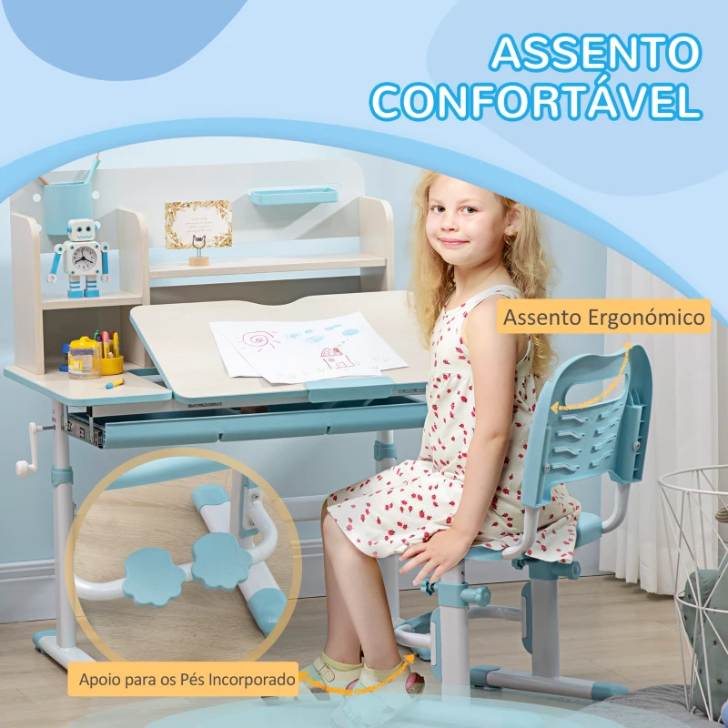 HOMCOM Conjunto de Secretária e Cadeira para Crianças com Altura Ajustável e Bancada Inclinável 80x52x88x109cm e 35,5x44,5x66-80cm Azul