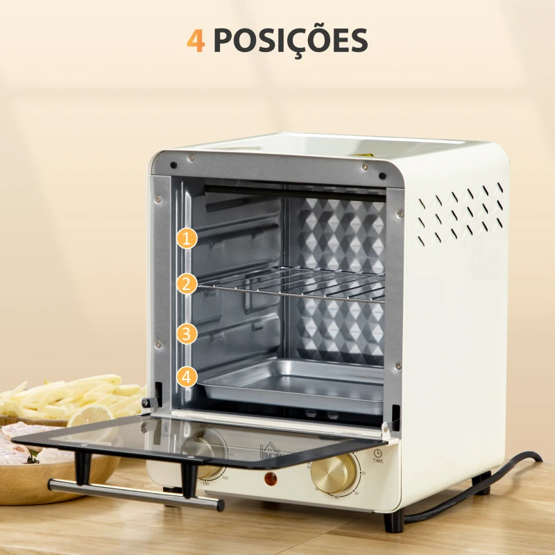 HOMCOM Mini Forno Elétrico 15 Litros 1000W com Temperatura até 230°C e Temporizador 60 Minutos 25,5x27,5x32cm Creme