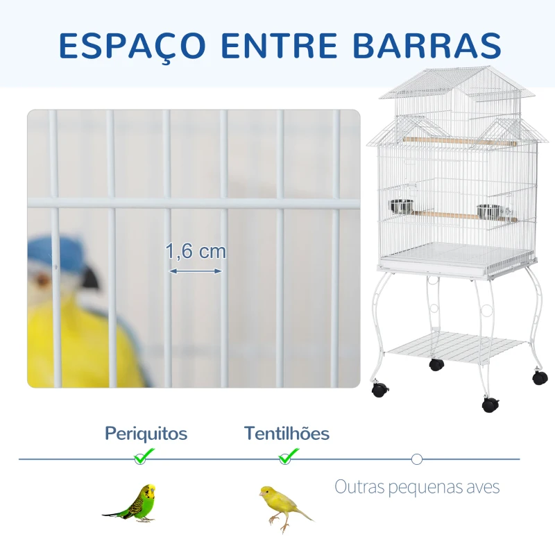 PawHut Gaiola para Pássaros com Rodas Bandeja Amovível Portas Comedouro Poleiro e Prateleira Inferior 50x49x137cm Branco