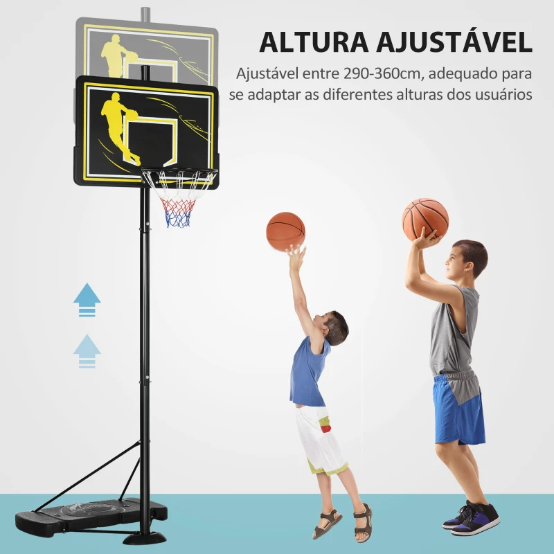 SPORTNOW Tabela de Basquetebol com Rodas Altura Ajustável Suporte Tabela de PE e Base Recarregável 110x45x290-360cm Preto e Amarelo