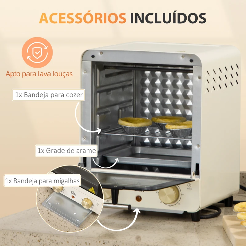 HOMCOM Mini Forno Elétrico 15 Litros 1000W com Temperatura até 230°C e Temporizador 60 Minutos 25,5x27,5x32cm Creme