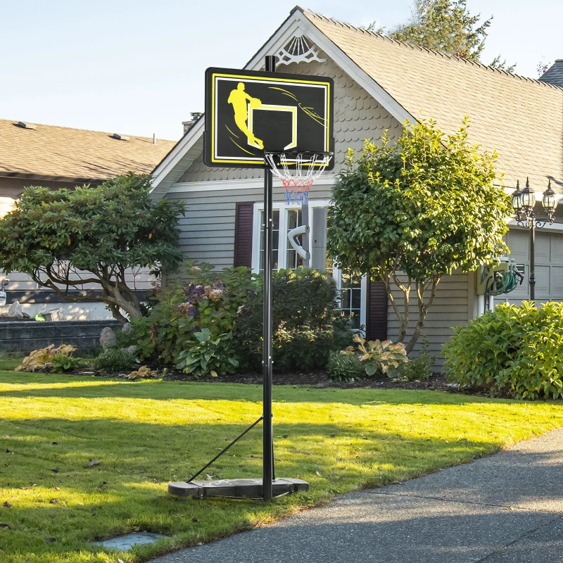 SPORTNOW Tabela de Basquetebol com Rodas Altura Ajustável Suporte Tabela de PE e Base Recarregável 110x45x290-360cm Preto e Amarelo