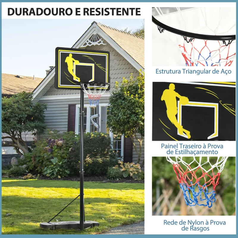 SPORTNOW Tabela de Basquetebol com Rodas Altura Ajustável Suporte Tabela de PE e Base Recarregável 110x45x290-360cm Preto e Amarelo