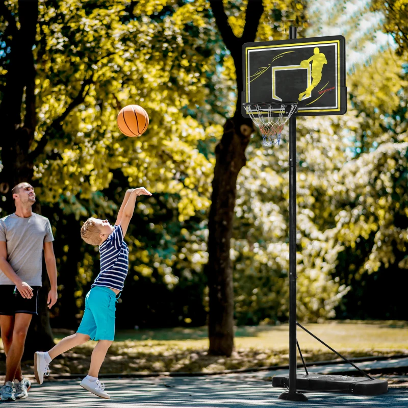 SPORTNOW Tabela de Basquetebol com Rodas Altura Ajustável Suporte Tabela de PE e Base Recarregável 110x45x290-360cm Preto e Amarelo