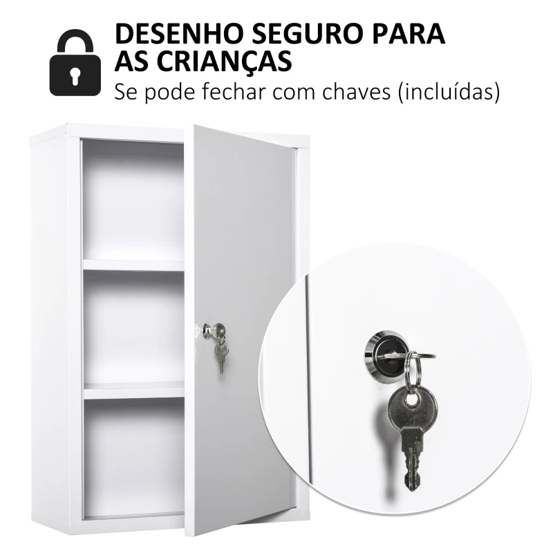kleankin Armário Farmácia de Parede com 3 Prateleiras de Armazenamento e Fechadura com 2 Chaves 40x18x60cm Branco