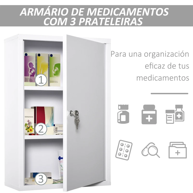 kleankin Armário Farmácia de Parede com 3 Prateleiras de Armazenamento e Fechadura com 2 Chaves 40x18x60cm Branco