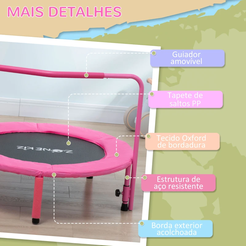 ZONEKIZ Trampolim Infantil 3 em 1 para Crianças de 1-6 Anos com Corrimão Amovível Mini Trampolim para Interior Ø96x74cm Rosa