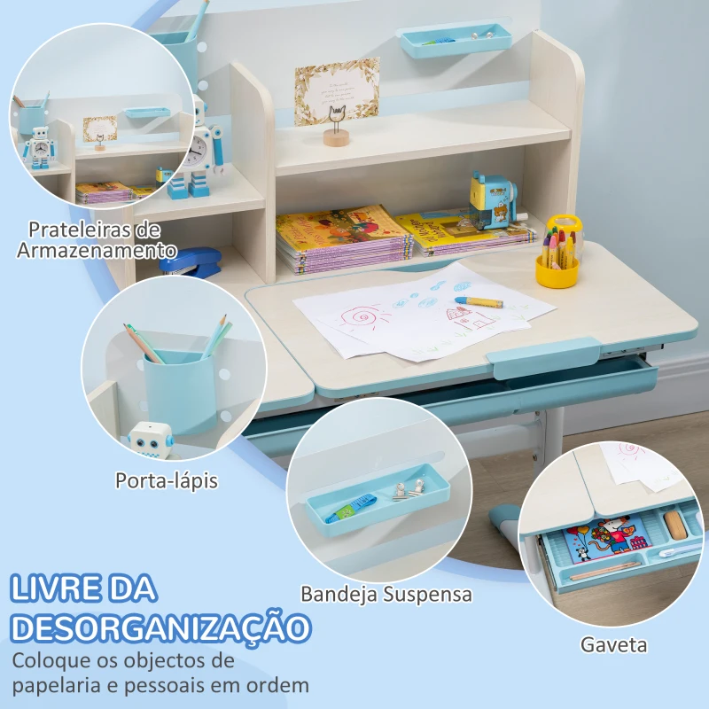 HOMCOM Conjunto de Secretária e Cadeira para Crianças com Altura Ajustável e Bancada Inclinável 80x52x88x109cm e 35,5x44,5x66-80cm Azul