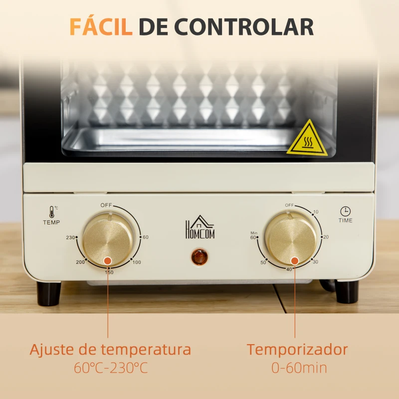 HOMCOM Mini Forno Elétrico 15 Litros 1000W com Temperatura até 230°C e Temporizador 60 Minutos 25,5x27,5x32cm Creme
