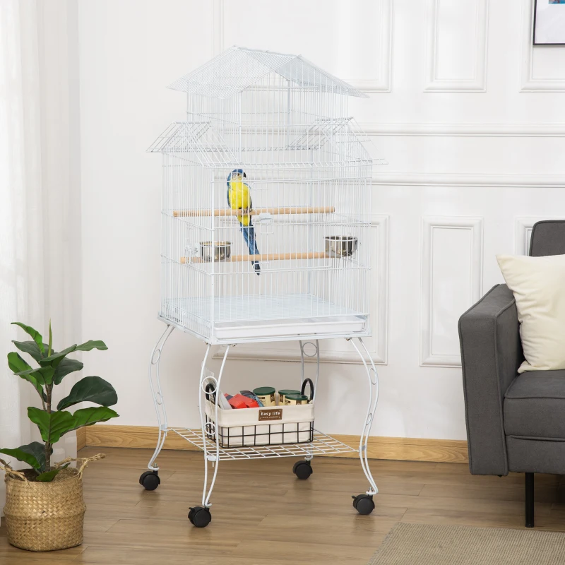 PawHut Gaiola para Pássaros com Rodas Bandeja Amovível Portas Comedouro Poleiro e Prateleira Inferior 50x49x137cm Branco