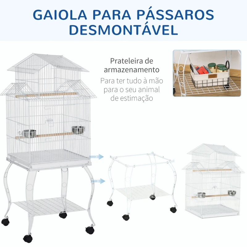 PawHut Gaiola para Pássaros com Rodas Bandeja Amovível Portas Comedouro Poleiro e Prateleira Inferior 50x49x137cm Branco