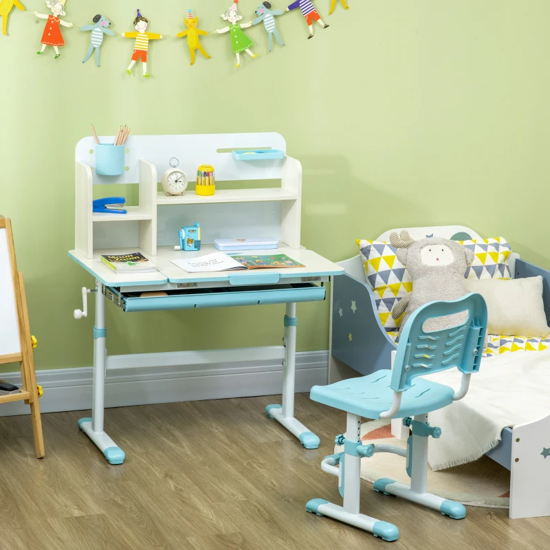 HOMCOM Conjunto de Secretária e Cadeira para Crianças com Altura Ajustável e Bancada Inclinável 80x52x88x109cm e 35,5x44,5x66-80cm Azul