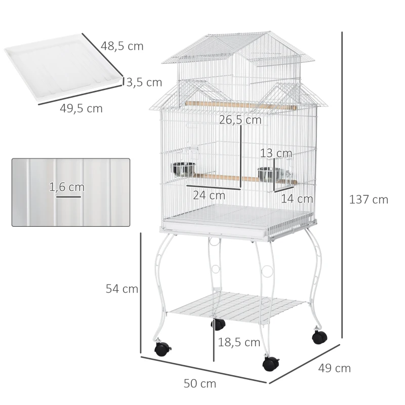 PawHut Gaiola para Pássaros com Rodas Bandeja Amovível Portas Comedouro Poleiro e Prateleira Inferior 50x49x137cm Branco