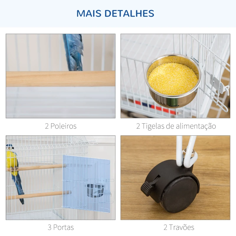 PawHut Gaiola para Pássaros com Rodas Bandeja Amovível Portas Comedouro Poleiro e Prateleira Inferior 50x49x137cm Branco