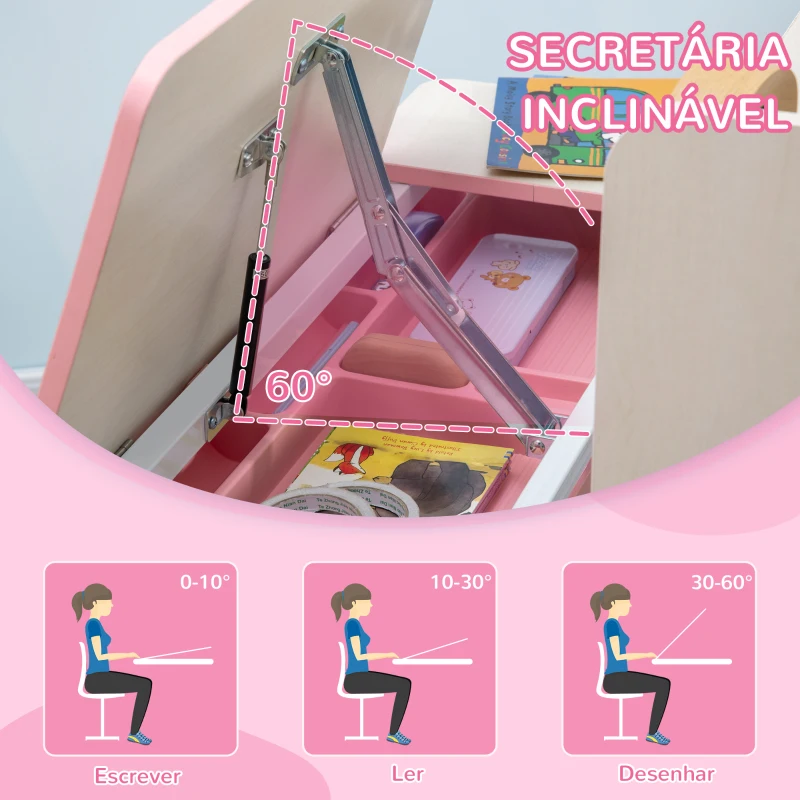 HOMCOM Conjunto de Secretária e Cadeira para Crianças com Altura Ajustável e Bancada Inclinável 80x52x88x109cm e 35,5x44,5x66-80cm Rosa