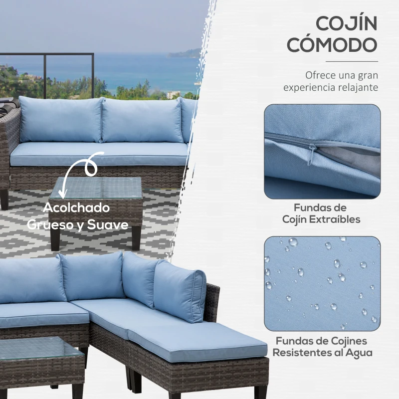 Outsunny Conjunto de Jardín de Ratán Sintético con Sofá Esquinero de 2 Módulos Reposapiés y Mesita de Cristal Gris y Azul