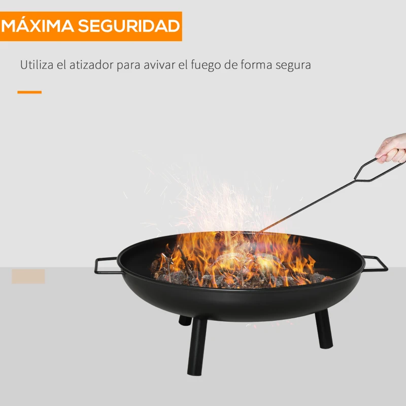 Outsunny Brasero Exterior 90x79,5x28 cm Cuenco de Fuego con Asas de Transporte Atizador 3 Pies y Marco de Acero para Hogueras Leñas Terraza Jardín al Aire Libre Negro