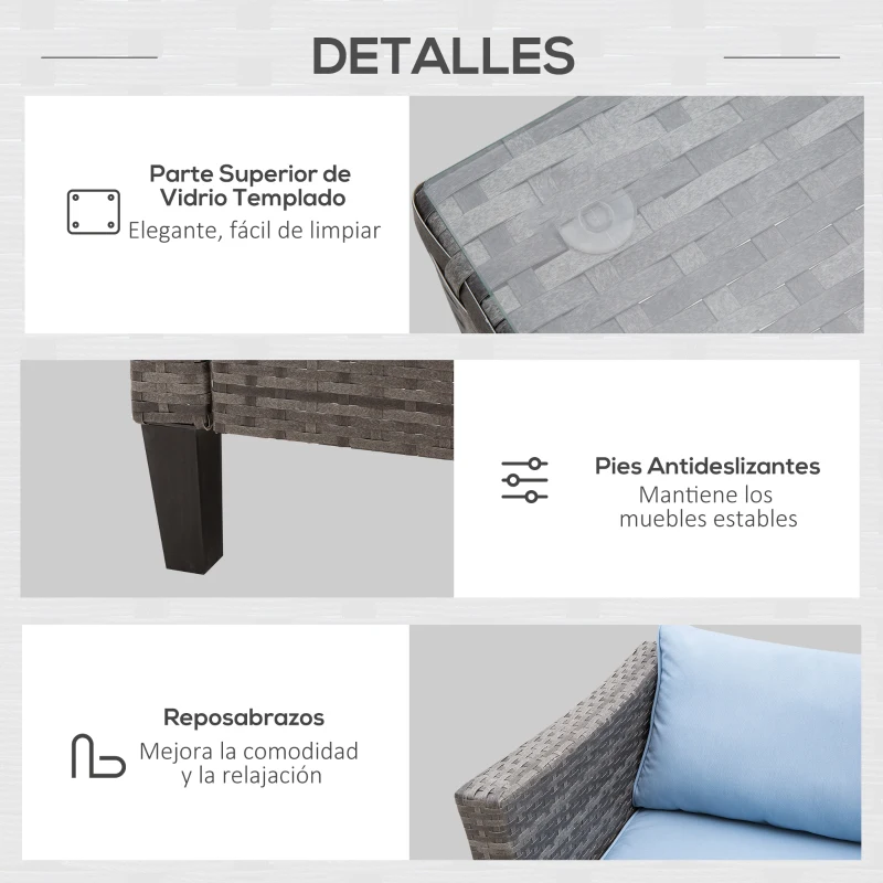 Outsunny Conjunto de Jardín de Ratán Sintético con Sofá Esquinero de 2 Módulos Reposapiés y Mesita de Cristal Gris y Azul