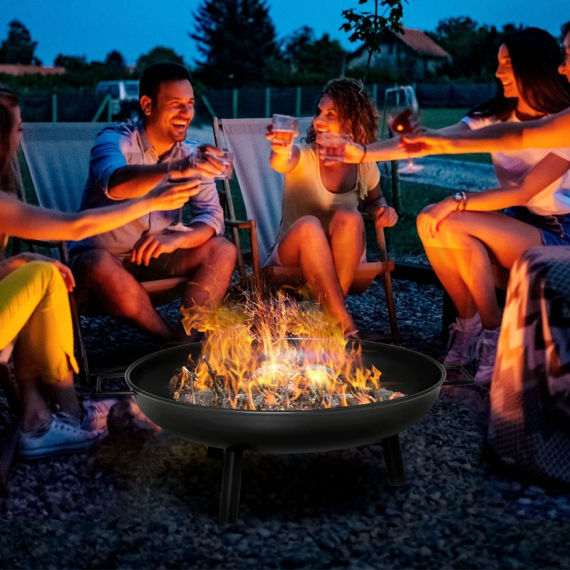 Outsunny Brasero Exterior 90x79,5x28 cm Cuenco de Fuego con Asas de Transporte Atizador 3 Pies y Marco de Acero para Hogueras Leñas Terraza Jardín al Aire Libre Negro