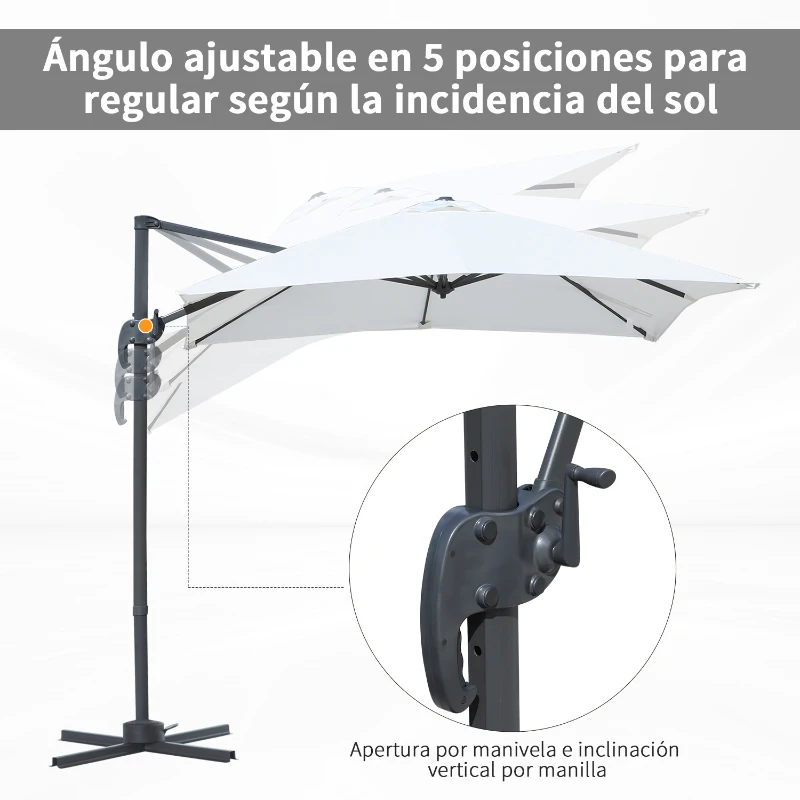 Outsunny Sombrilla de Aluminio Jardín 245x245x248 cm Parasol Excéntrico con Rotación 360° Inclinación de 5 Niveles con Manivela y Ventilación para Patio Terraza Beige