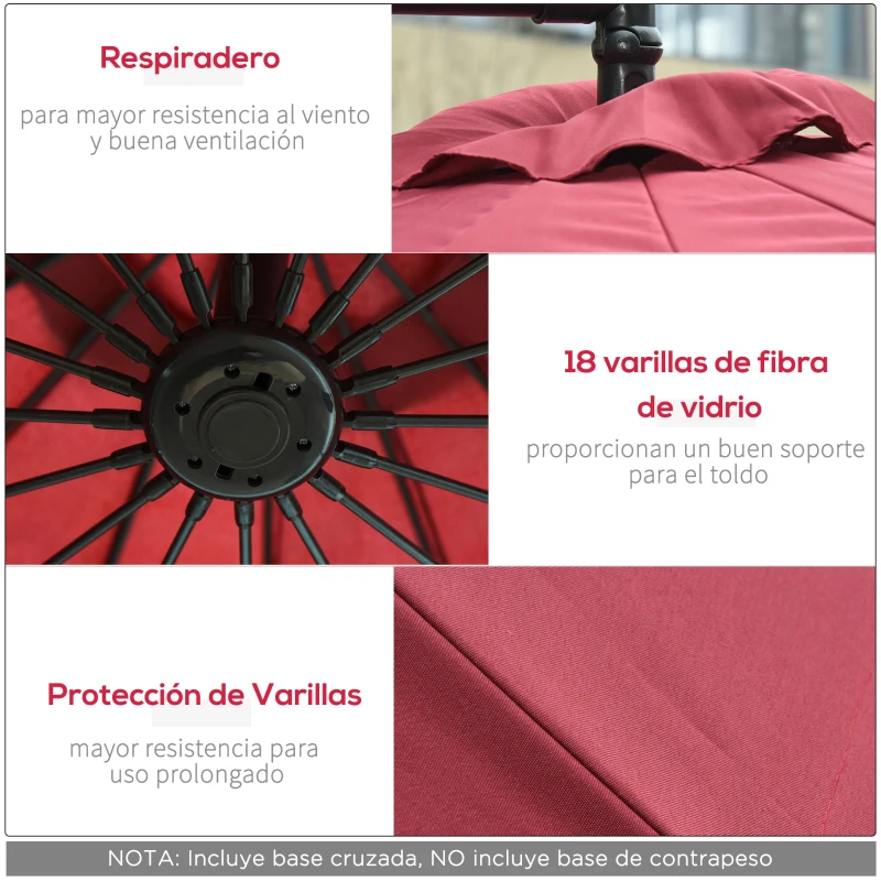 Outsunny Sombrilla Ø300 cm Parasol de Jardín con Manivela Manual 18 Costillas y Base Cruzada Rojo