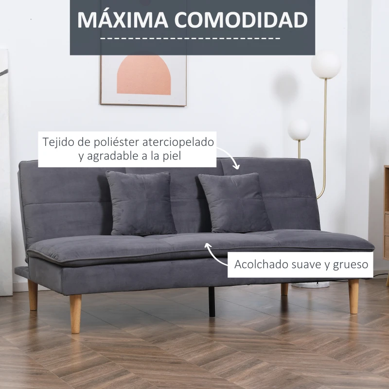 HOMCOM Sofá Cama de 3 Plazas Tapizado de Franela con Respaldo Ajustable Sofá Moderno para Salón Oficina 181x92x84cm Gris