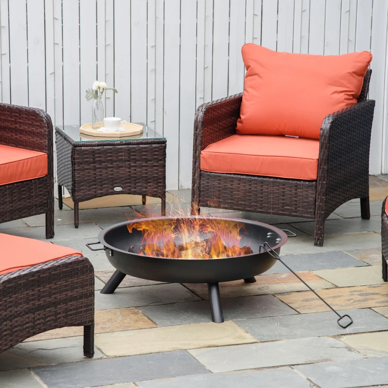 Outsunny Brasero Exterior 90x79,5x28 cm Cuenco de Fuego con Asas de Transporte Atizador 3 Pies y Marco de Acero para Hogueras Leñas Terraza Jardín al Aire Libre Negro