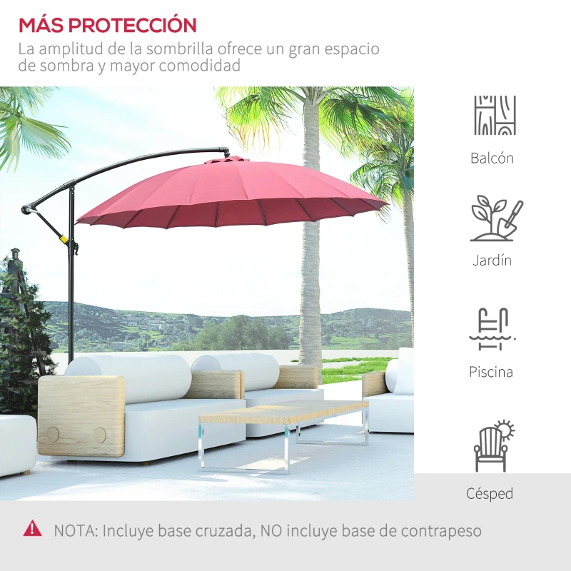 Outsunny Sombrilla Ø300 cm Parasol de Jardín con Manivela Manual 18 Costillas y Base Cruzada Rojo