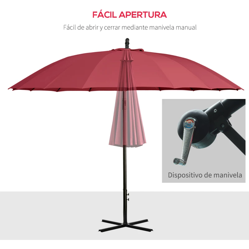 Outsunny Sombrilla Ø300 cm Parasol de Jardín con Manivela Manual 18 Costillas y Base Cruzada Rojo