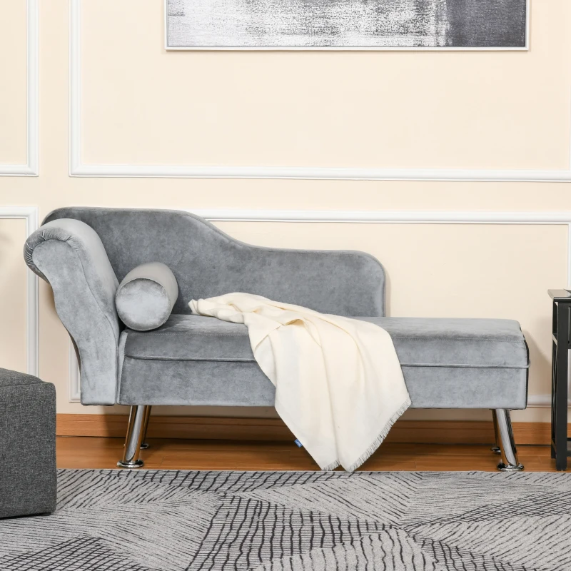 HOMCOM Plush Cloth Upholstered Chaise Longue Sofa w/ Bolster Cushion Grey