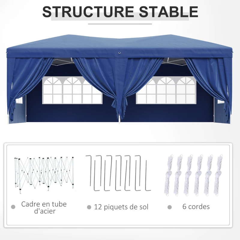 HOMCOM Tonnelle de Jardin pop-up 6 x 3 m Tente d'extérieur Tente de Reception Pliante pavillon chapiteau Barnum avec 4 parois latérales Oxford 210D Bleu Cote demontables