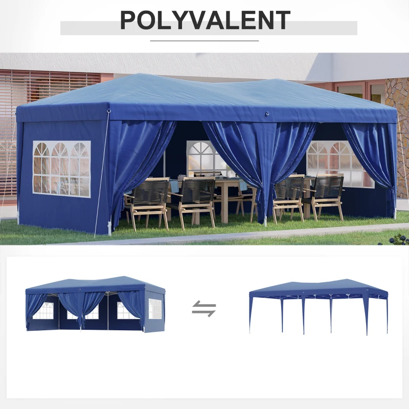 HOMCOM Tonnelle de Jardin pop-up 6 x 3 m Tente d'extérieur Tente de Reception Pliante pavillon chapiteau Barnum avec 4 parois latérales Oxford 210D Bleu Cote demontables