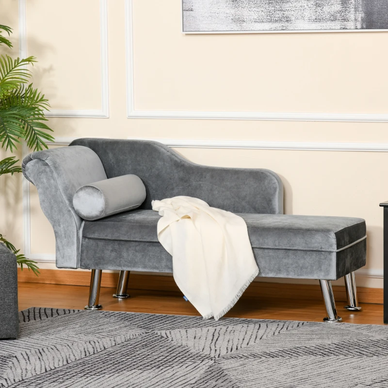 HOMCOM Plush Cloth Upholstered Chaise Longue Sofa w/ Bolster Cushion Grey