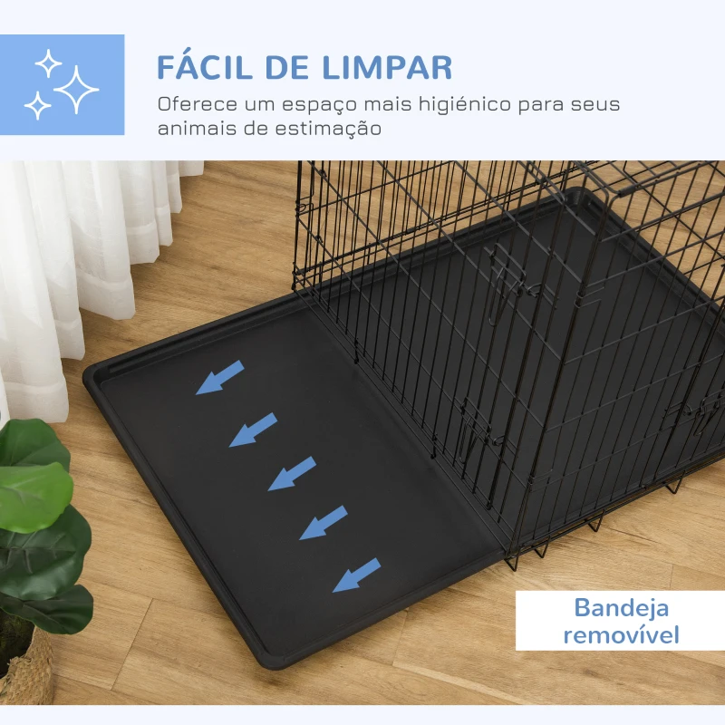 PawHut Gaiola para Cães Pequenos Gaiola para Animal de Estimação Dobrável com 2 Portas Alça de Transporte Bandeja Removível Aço 106x71x76cm Preto