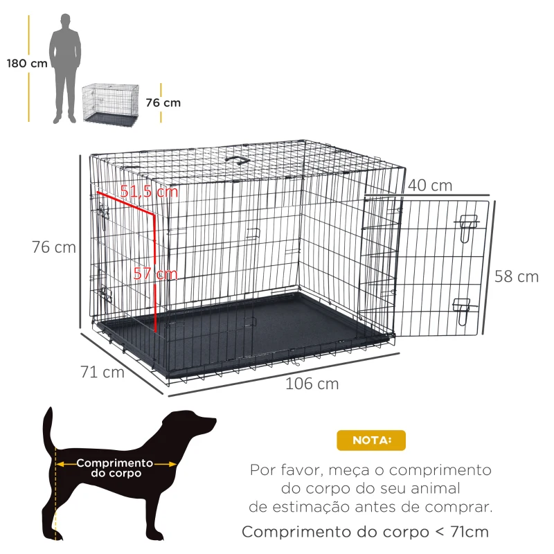 PawHut Gaiola para Cães Pequenos Gaiola para Animal de Estimação Dobrável com 2 Portas Alça de Transporte Bandeja Removível Aço 106x71x76cm Preto